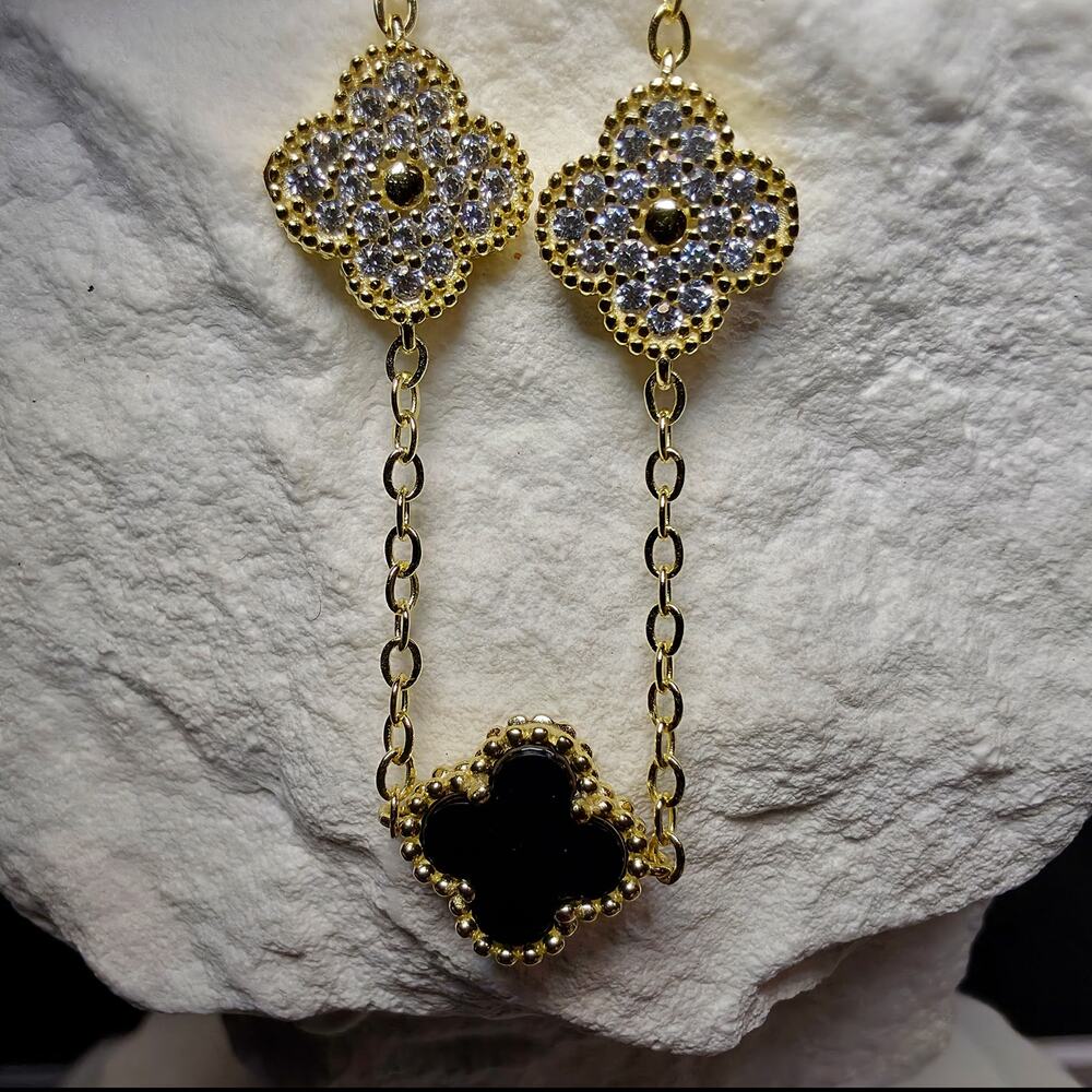 7+1" Gold Over Sterling Silver Onyx & CZ Clover Station Bracelet